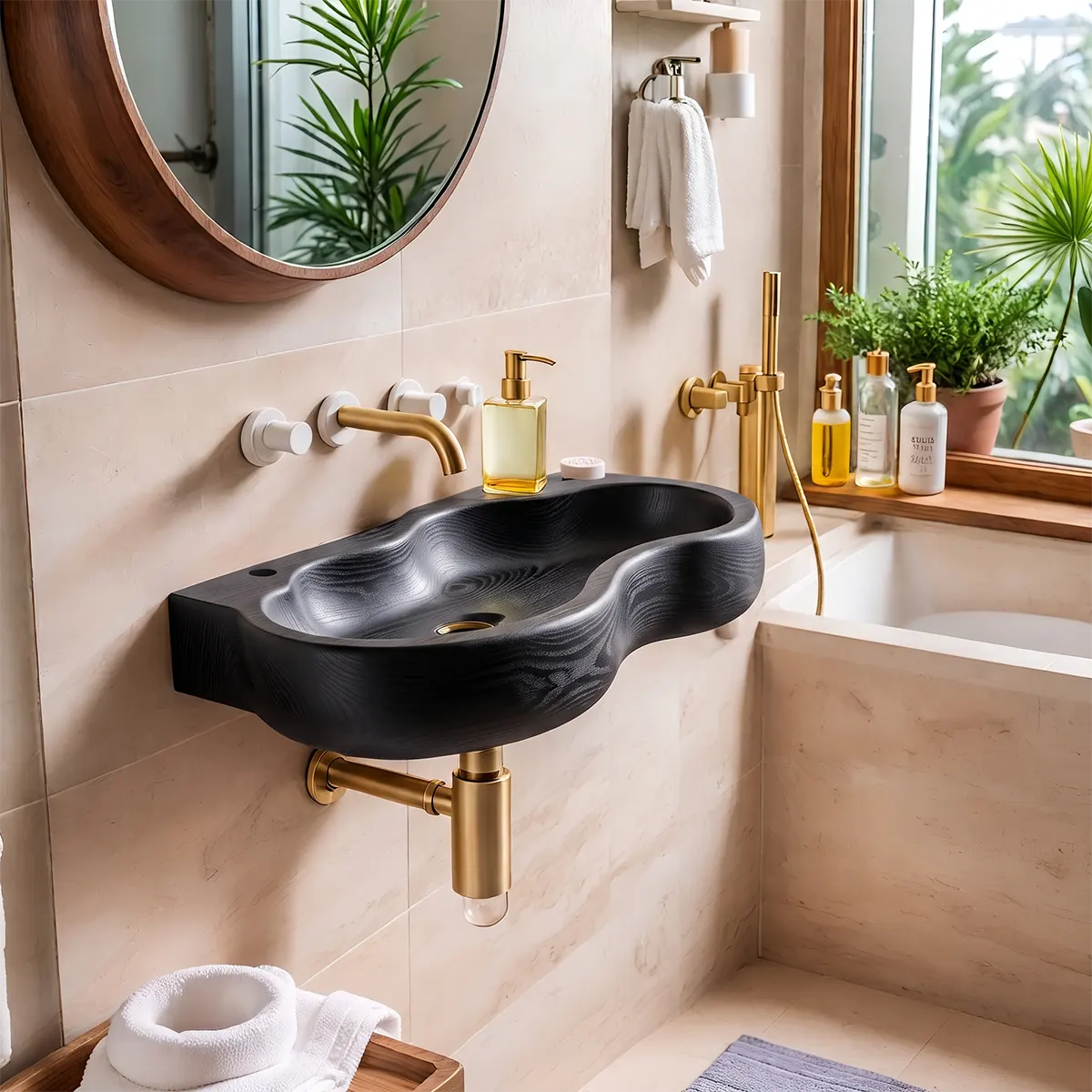 Sculptural Wall Mounted Bathroom Sink | Organic Floating Basin with Curved Edge TT006-2YVT6CP