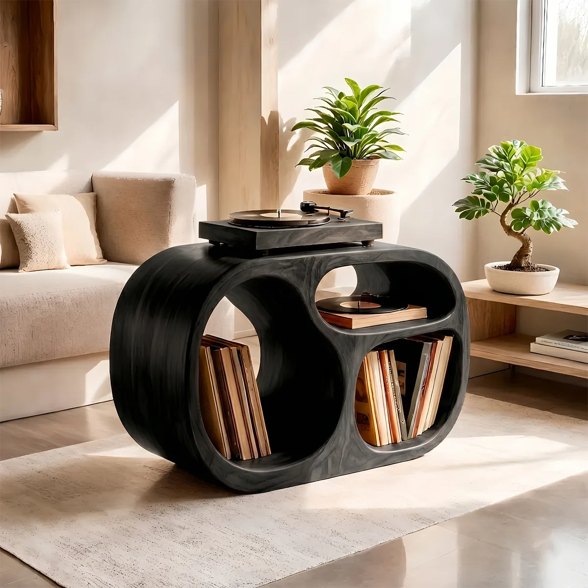 Sculptural Solid Wood Record Player Stand & Vinyl Storage Cabinet