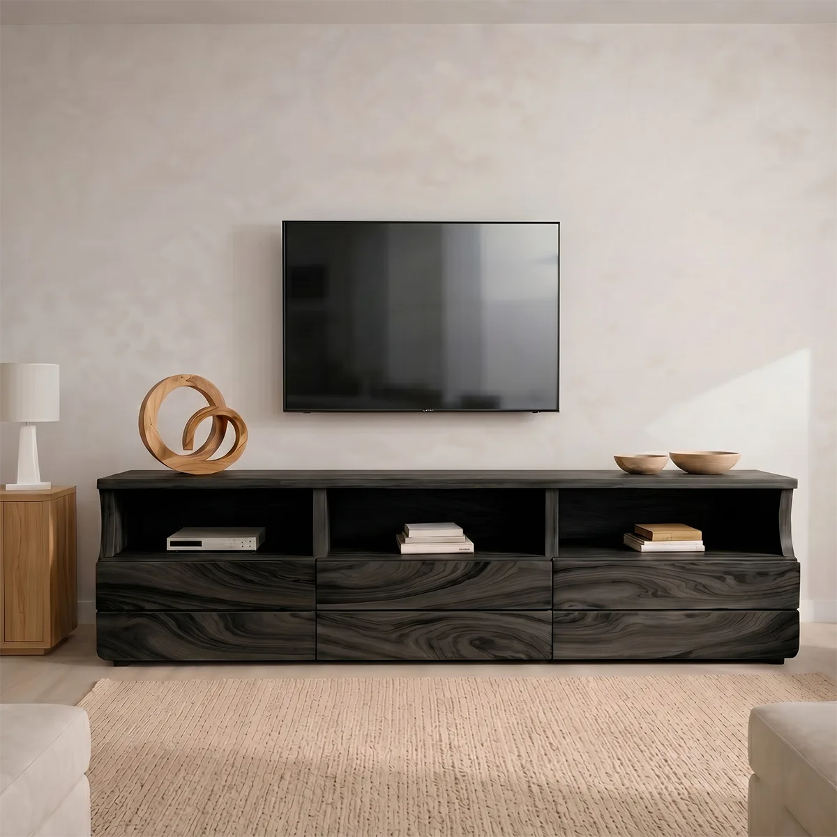 Modern Solid Wood TV Stand with Open Shelves and Drawers