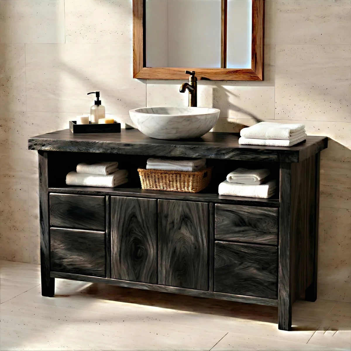 Solid Wood Bathroom Vanity with Open Shelf, Double Doors, and 4 Drawers