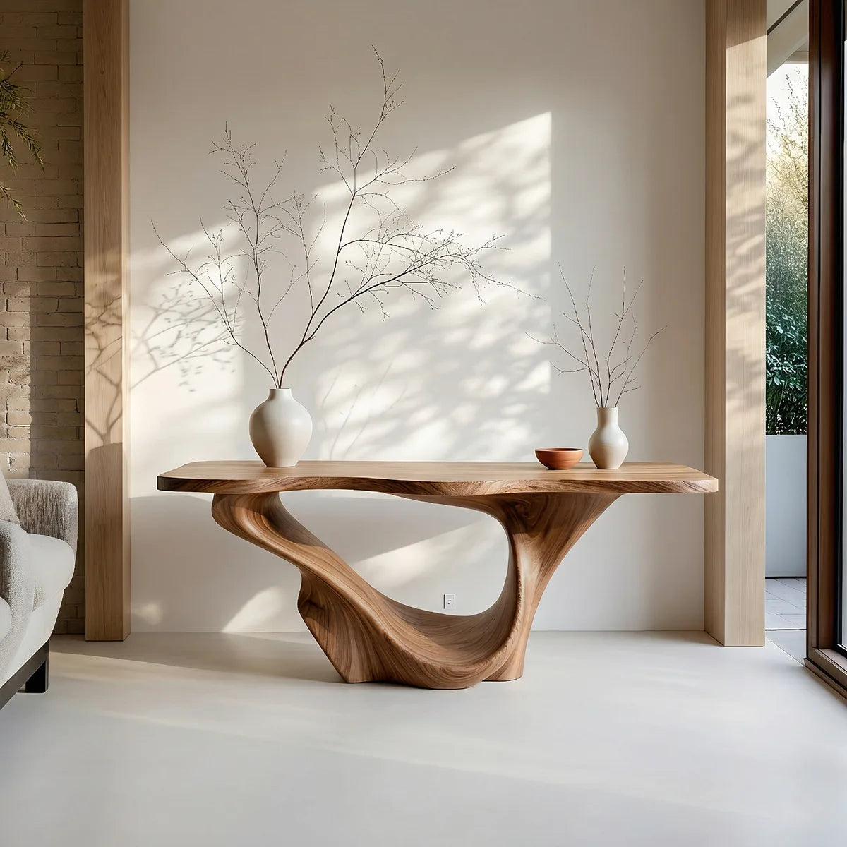 Sculptural Solid Wood Console Table with Organic Flowing Base