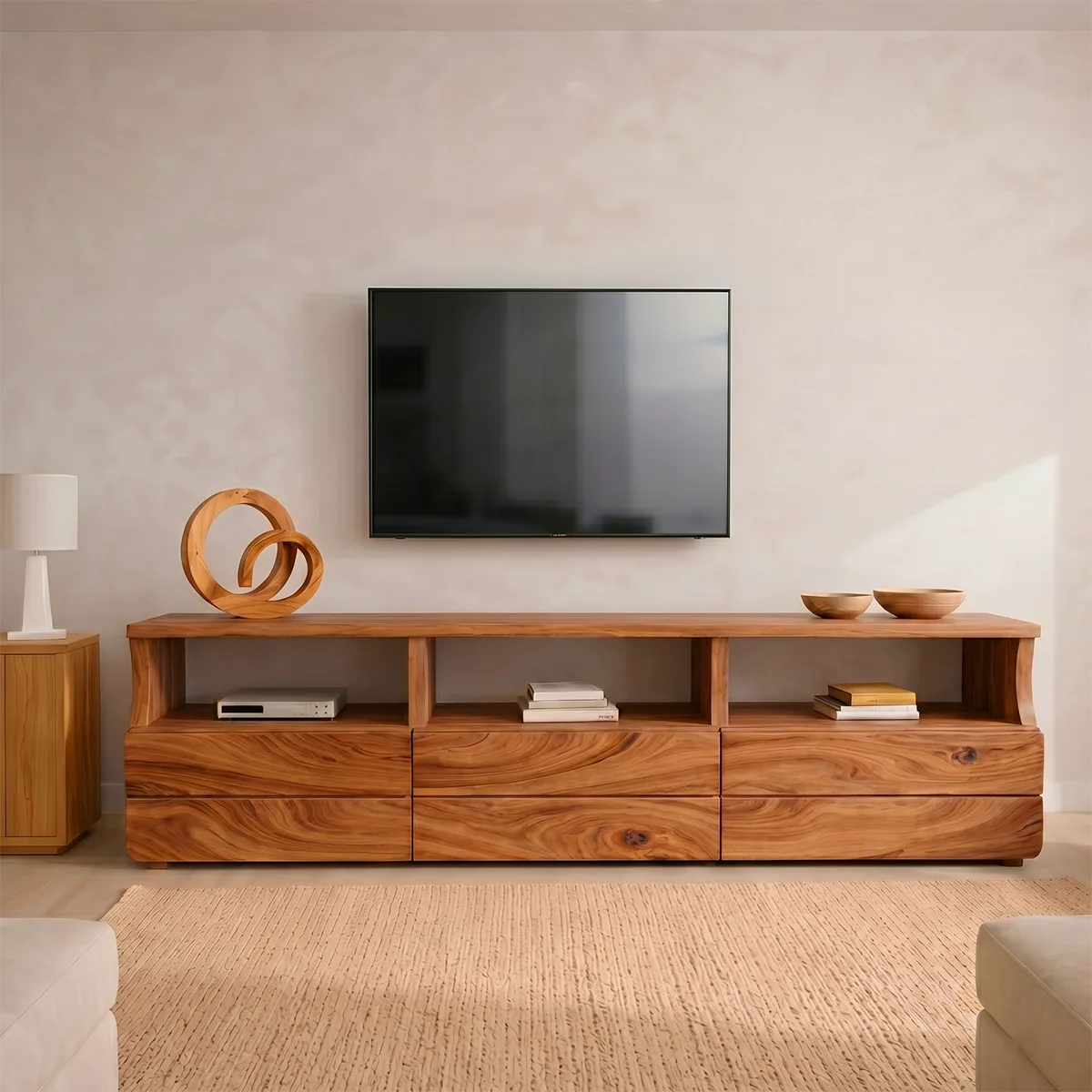 Modern Solid Wood TV Stand with Open Shelves and Drawers