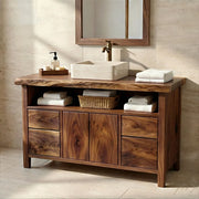 Solid Wood Bathroom Vanity with Open Shelf, Double Doors, and 4 Drawers