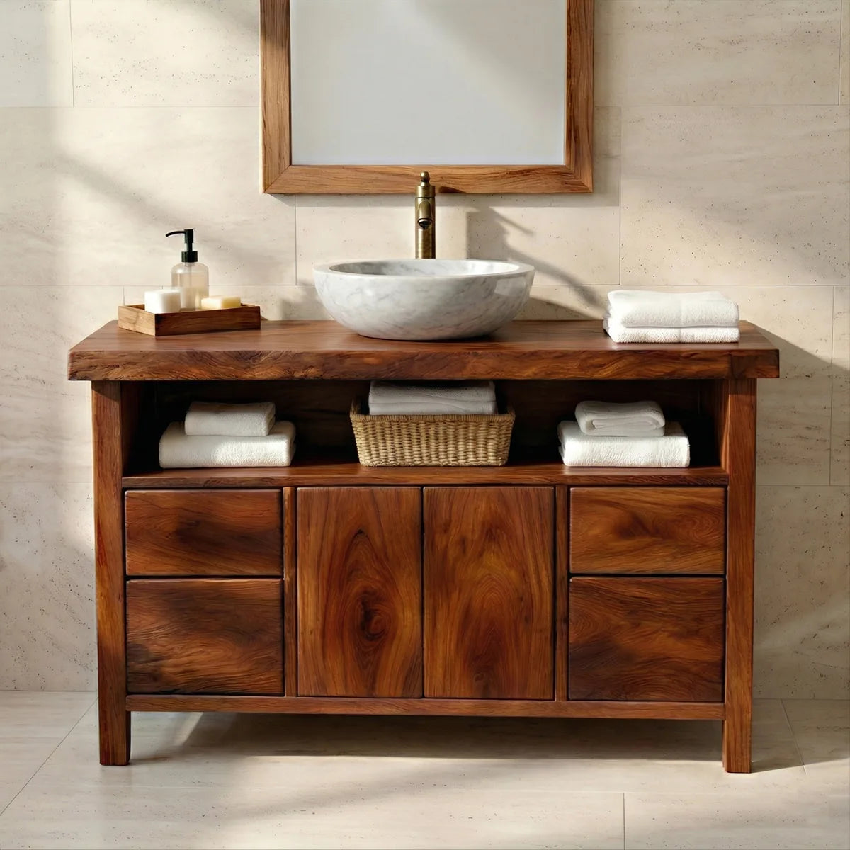 Solid Wood Bathroom Vanity with Open Shelf, Double Doors, and 4 Drawers