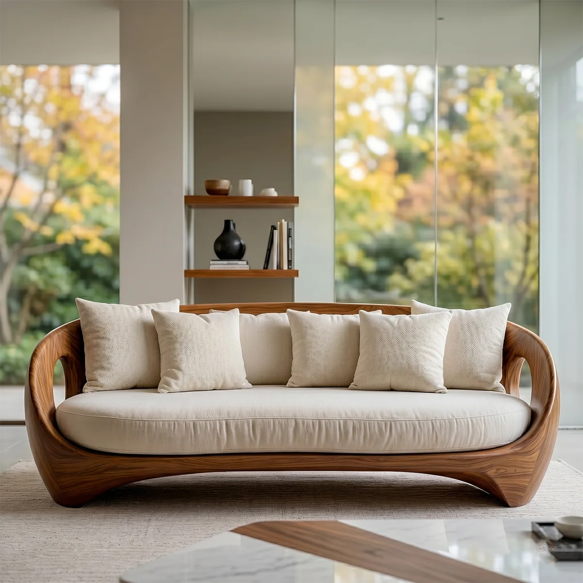 Luxury Organic Modern Sculptural Solid Wood Sofa with Curved Frame