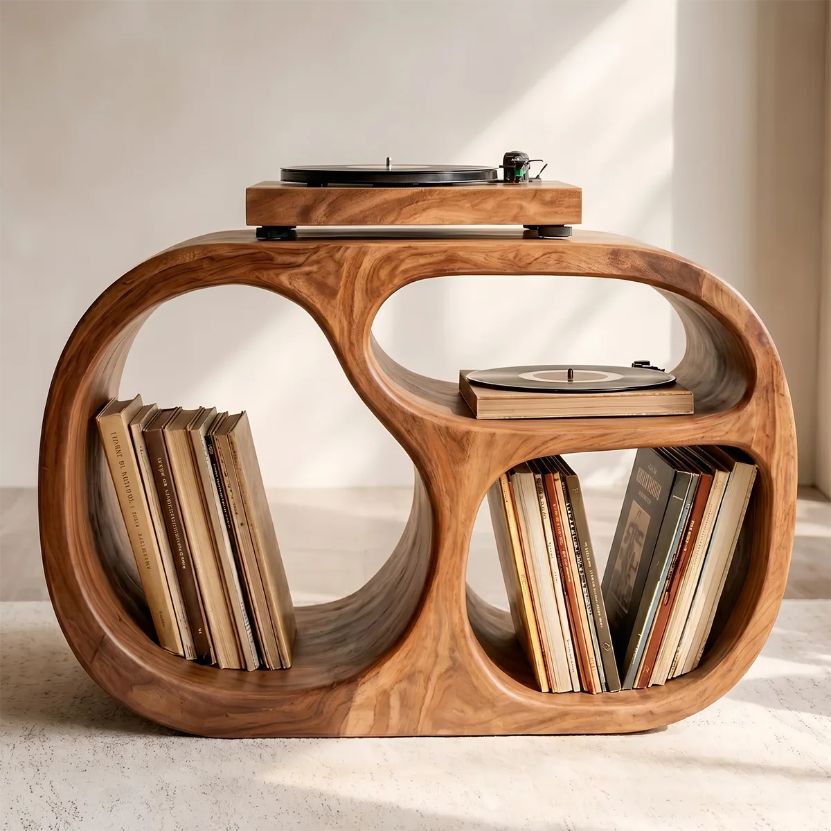 Sculptural Solid Wood Record Player Stand & Vinyl Storage Cabinet