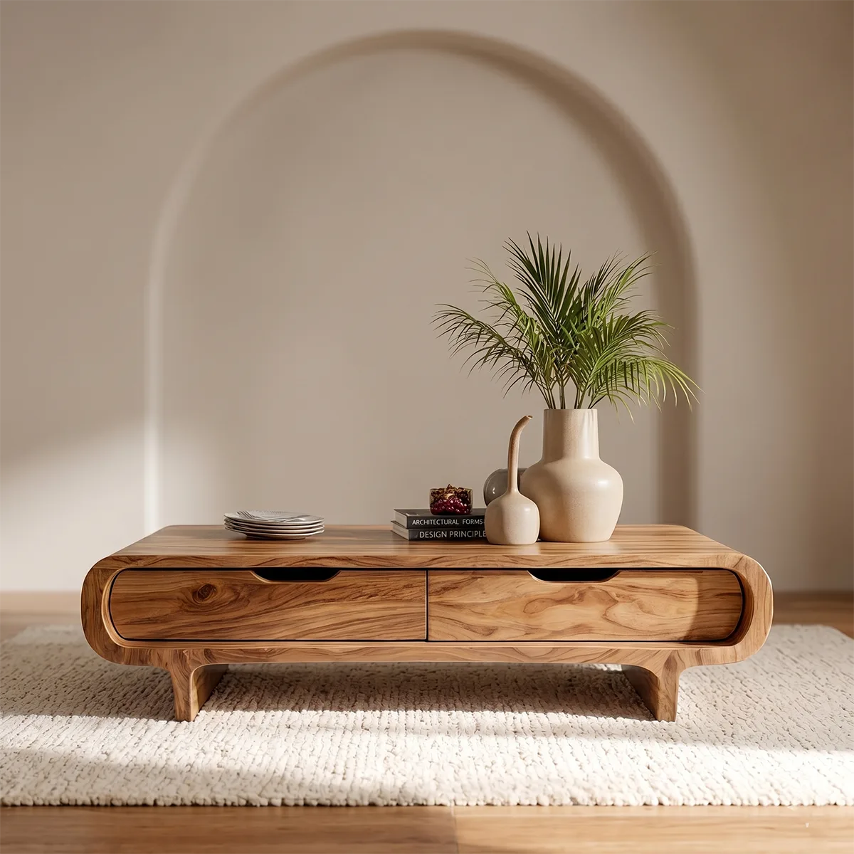 Handcrafted Wood Coffee Table with Drawers - Curved Silhouette Modern Design