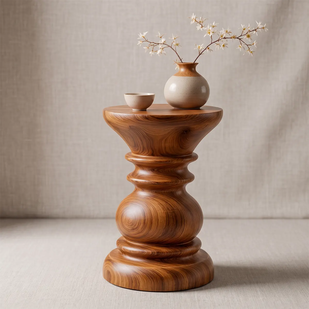 Sculptural Turned Wood Pedestal End Table | Round Accent Side Table TT006-1BIY6KO