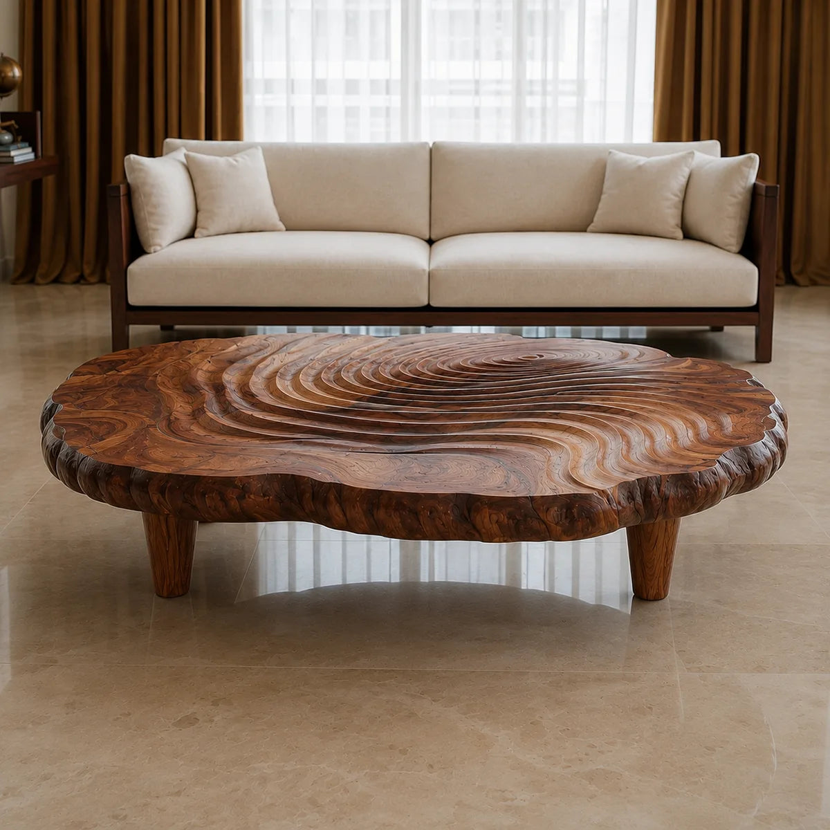 Handcrafted Solid Wood Coffee Table with Carved Ripple Top TT006-2452