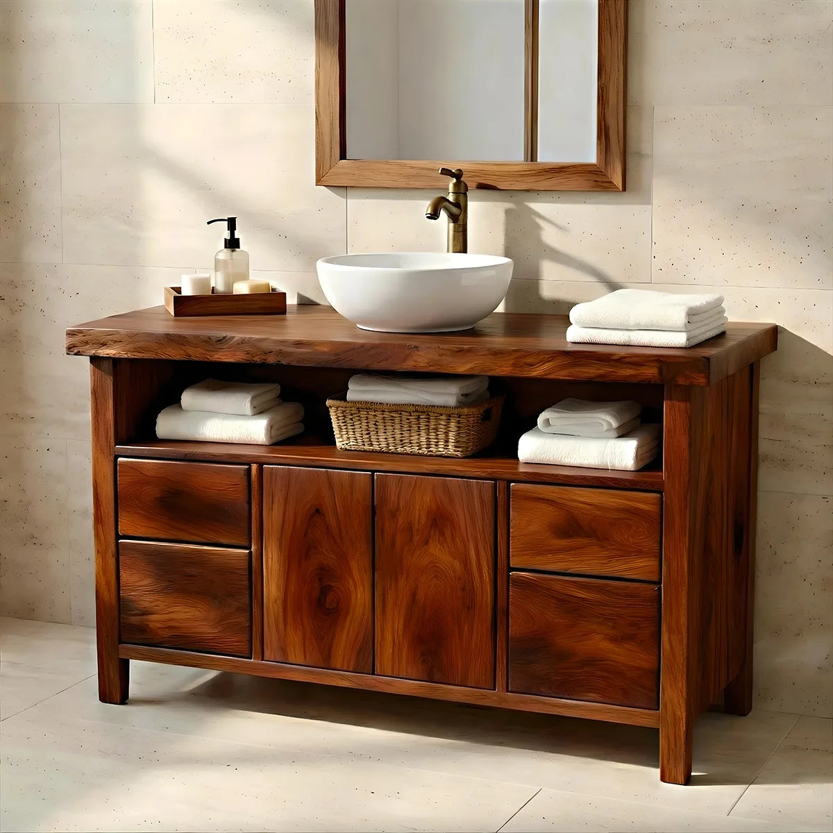 Solid Wood Bathroom Vanity with Open Shelf, Double Doors, and 4 Drawers