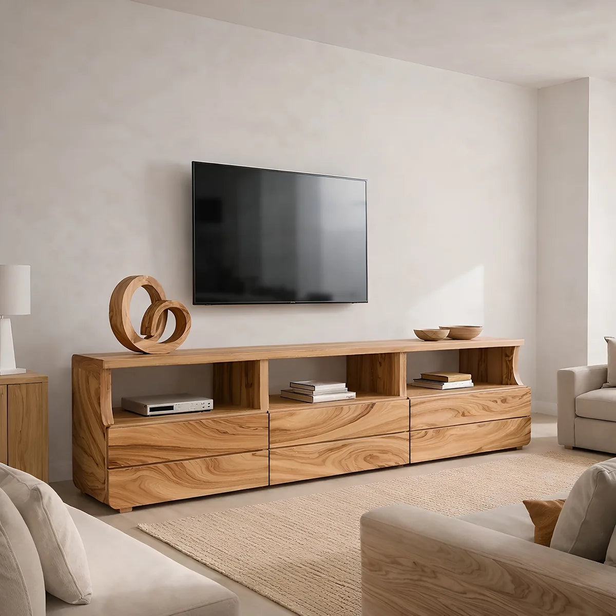 Modern Solid Wood TV Stand with Open Shelves and Drawers