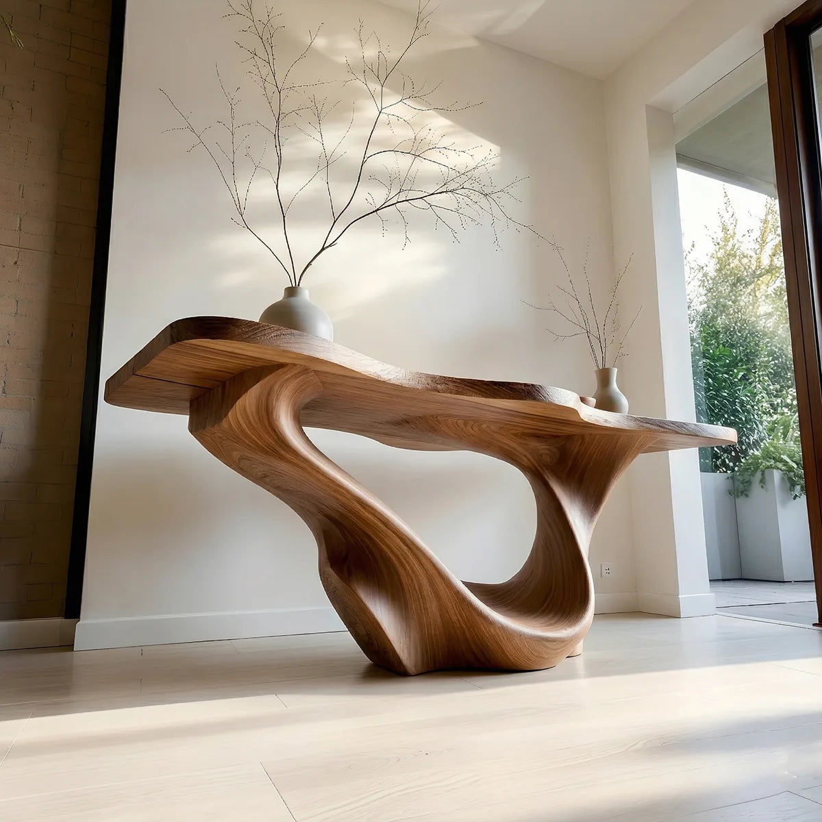 Sculptural Solid Wood Console Table with Organic Flowing Base