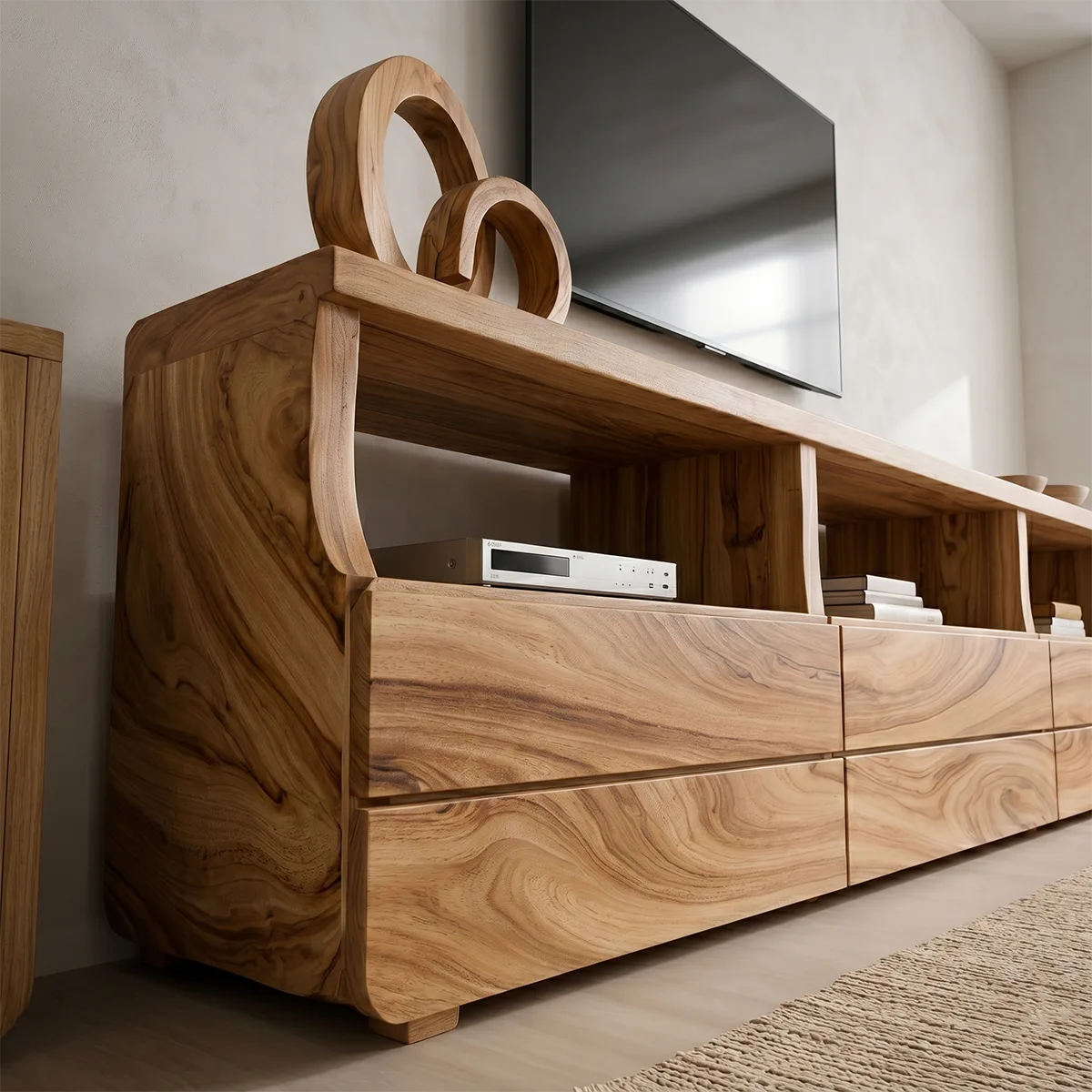 Modern Solid Wood TV Stand with Open Shelves and Drawers