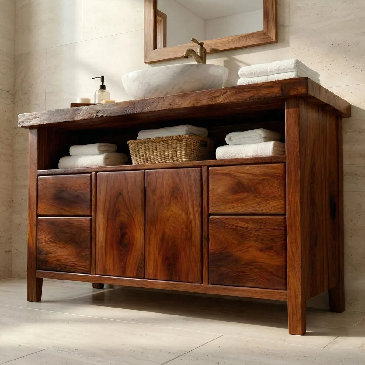 Solid Wood Bathroom Vanity with Open Shelf, Double Doors, and 4 Drawers