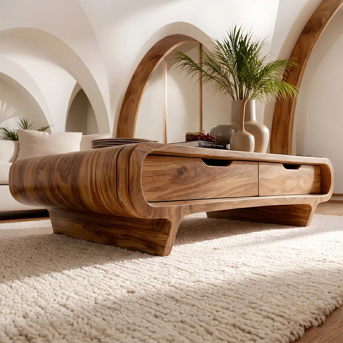 Handcrafted Wood Coffee Table with Drawers - Curved Silhouette Modern Design