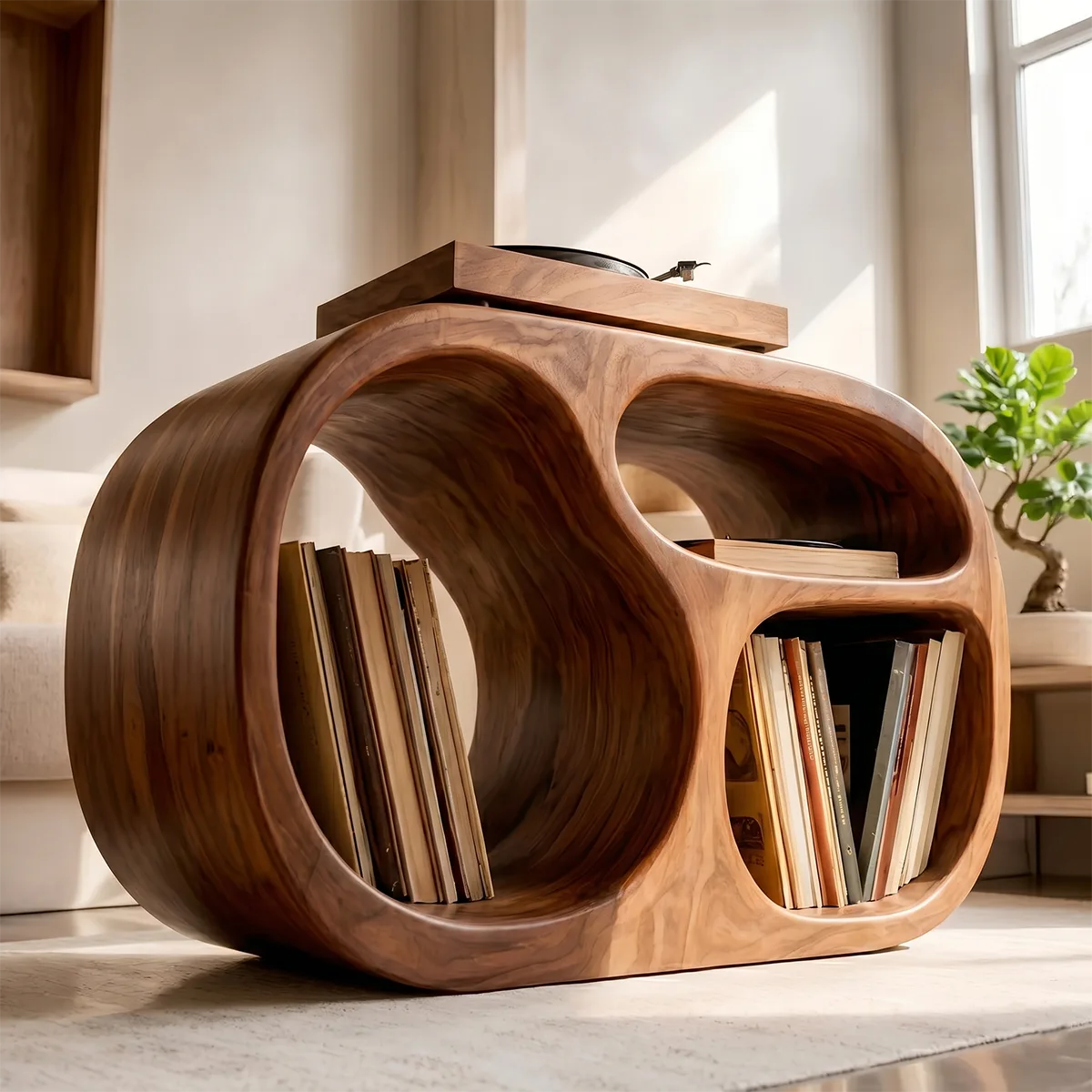 Sculptural Solid Wood Record Player Stand & Vinyl Storage Cabinet