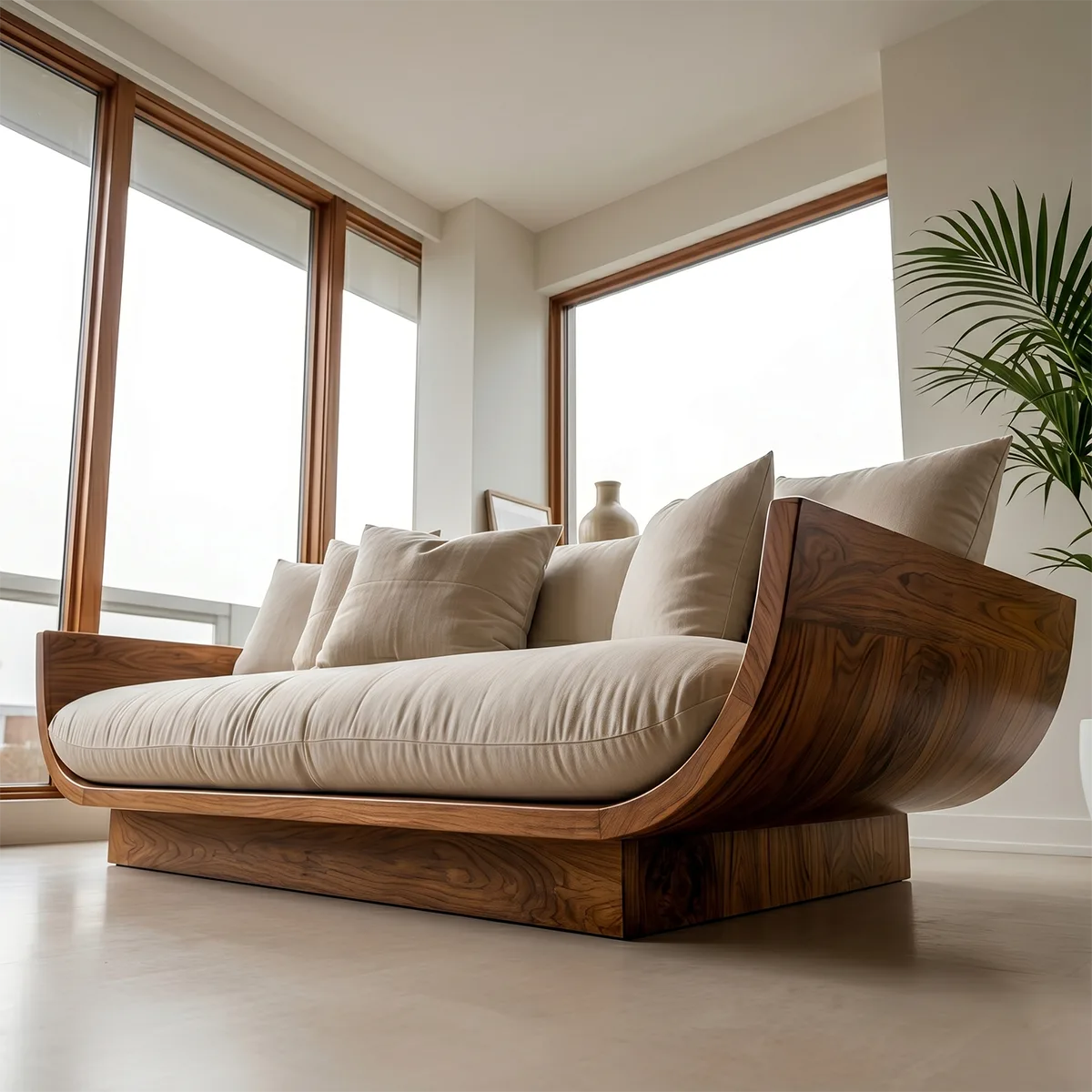 Handcrafted Organic Modern Solid Wood Lounge Sofa with Curved Frame
