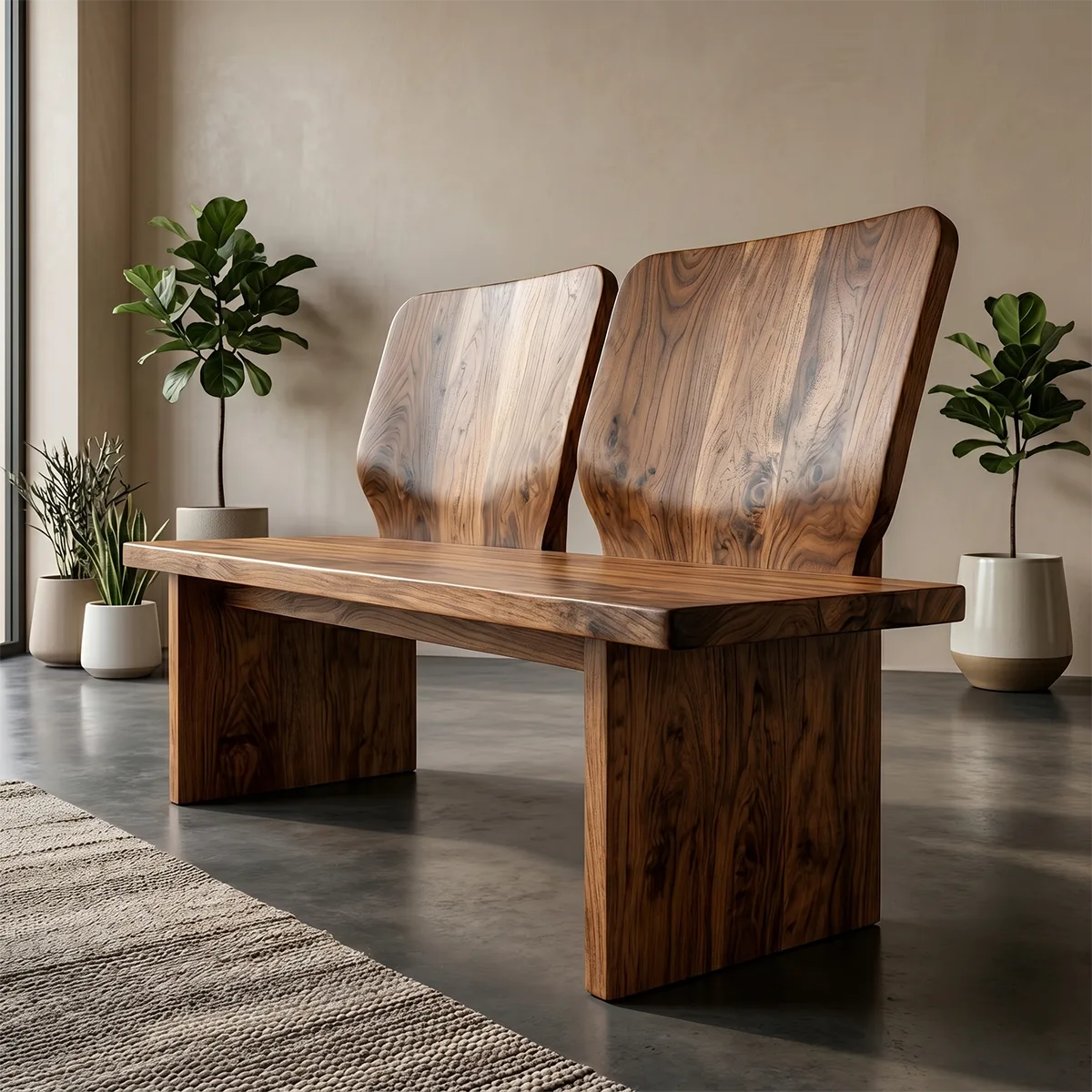 Solid Wood Double Back Dining Bench with Sculptural Artisan Design