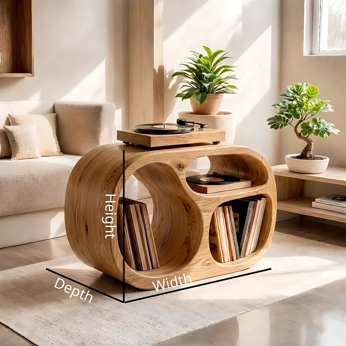 Sculptural Solid Wood Record Player Stand & Vinyl Storage Cabinet