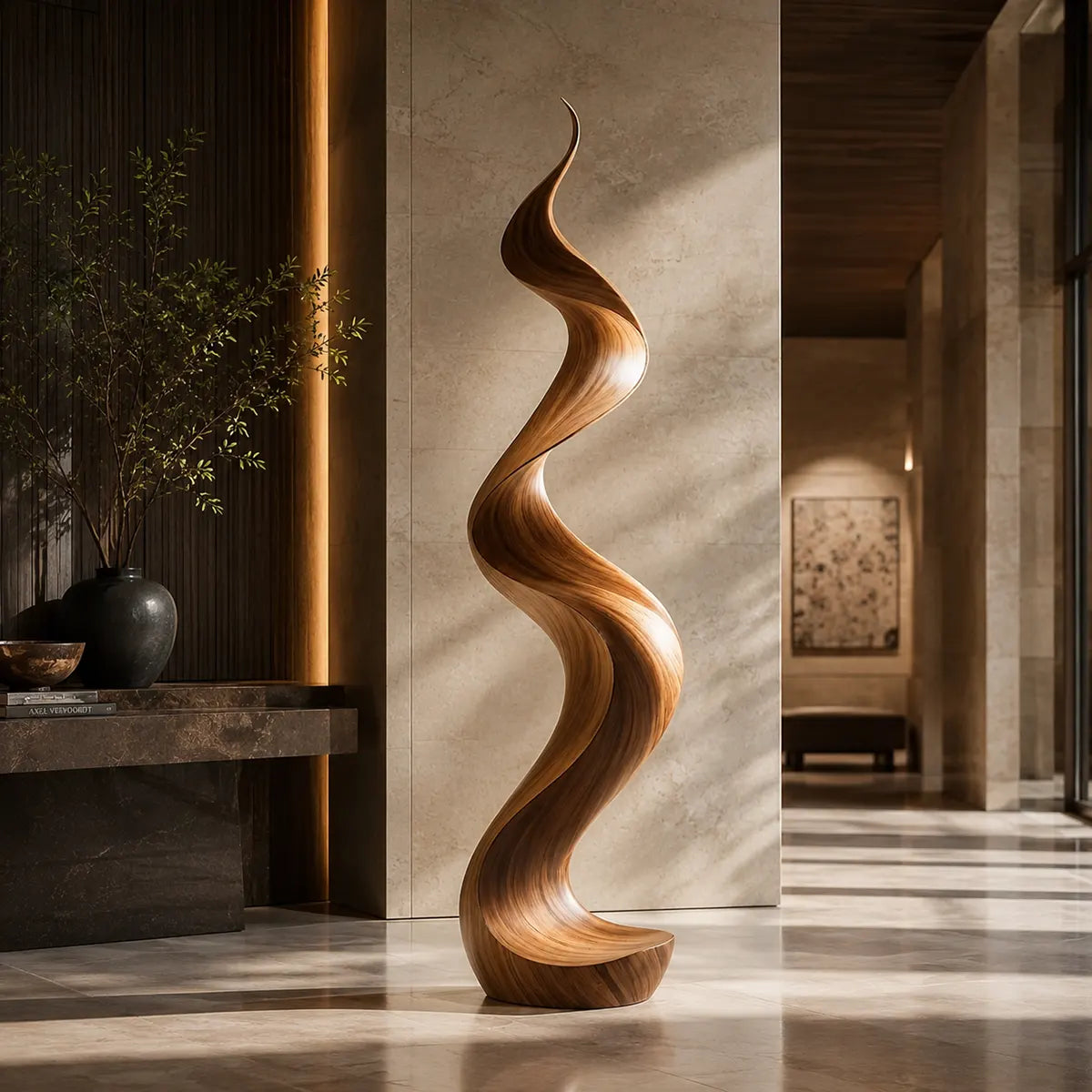 Handcrafted Solid Wood Wave Sculpture – Modern Organic Floor Art for Living Room & Entryway TT006-6662