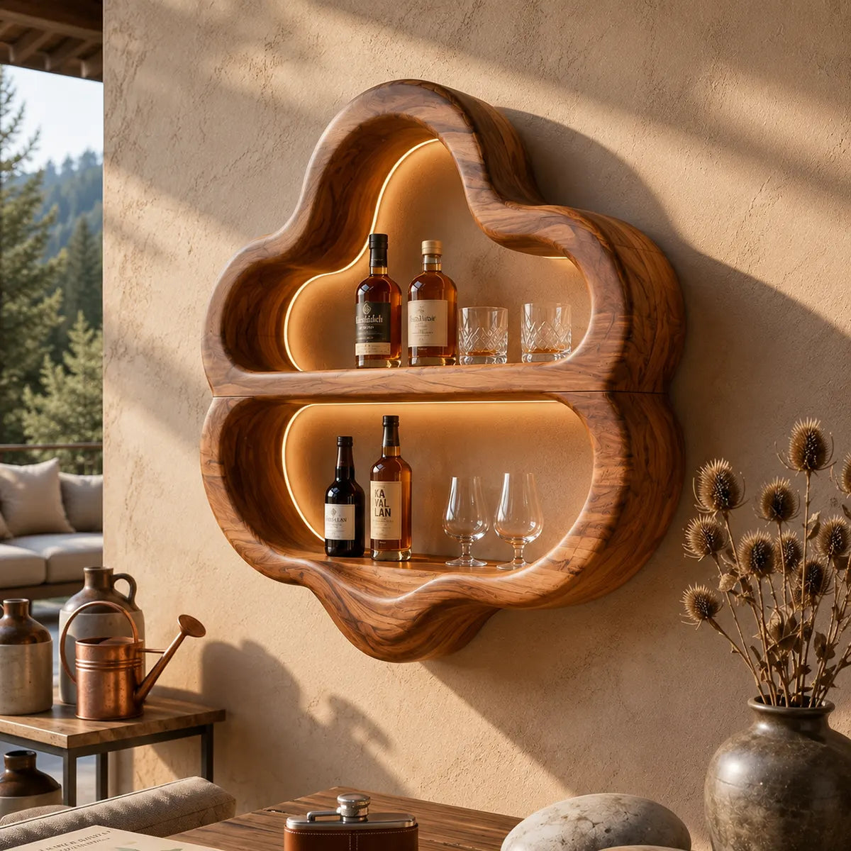 Sculptural Solid Wood Wall Wine Holder for Home Bars & Wine Lovers TT006-5261