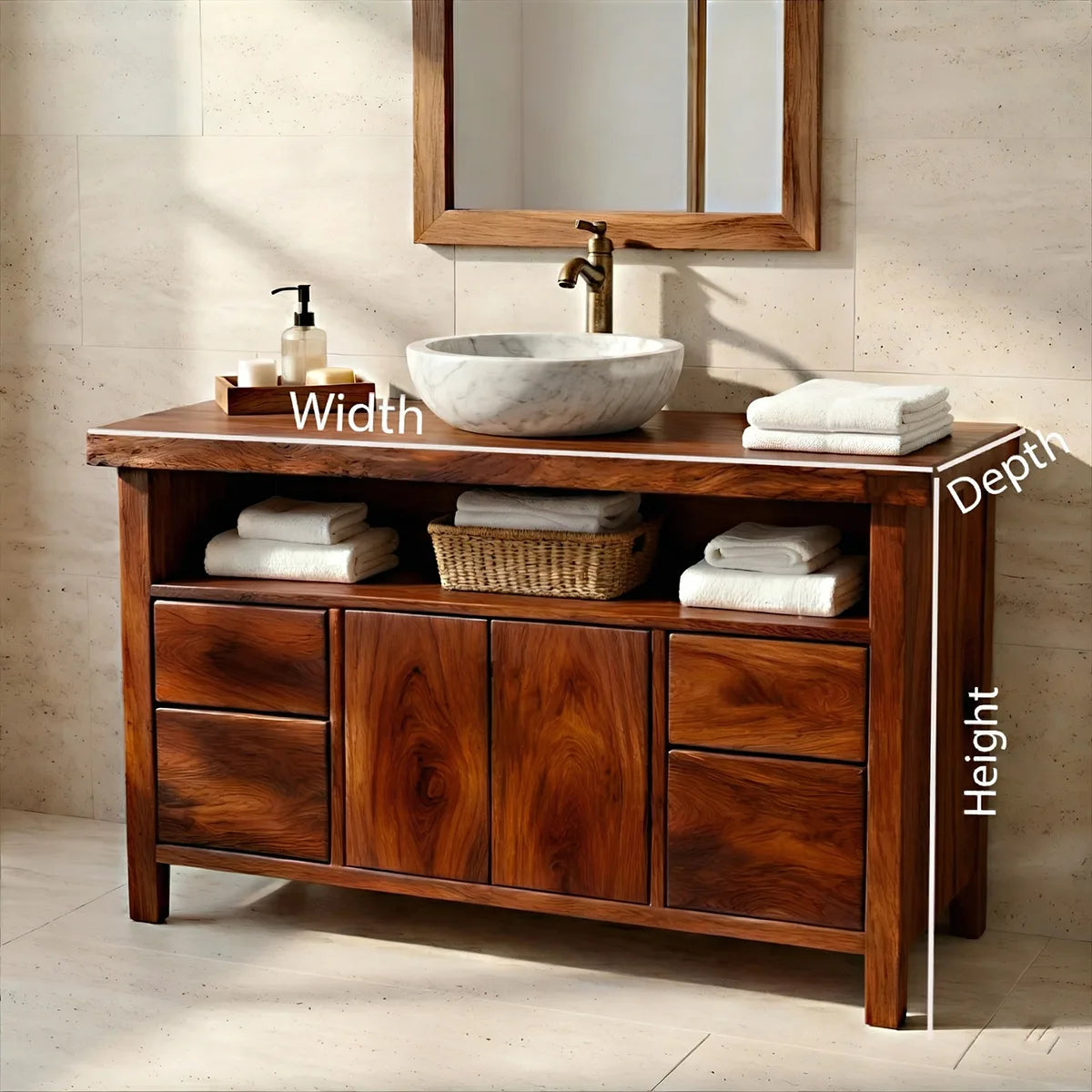 Solid Wood Bathroom Vanity with Open Shelf, Double Doors, and 4 Drawers