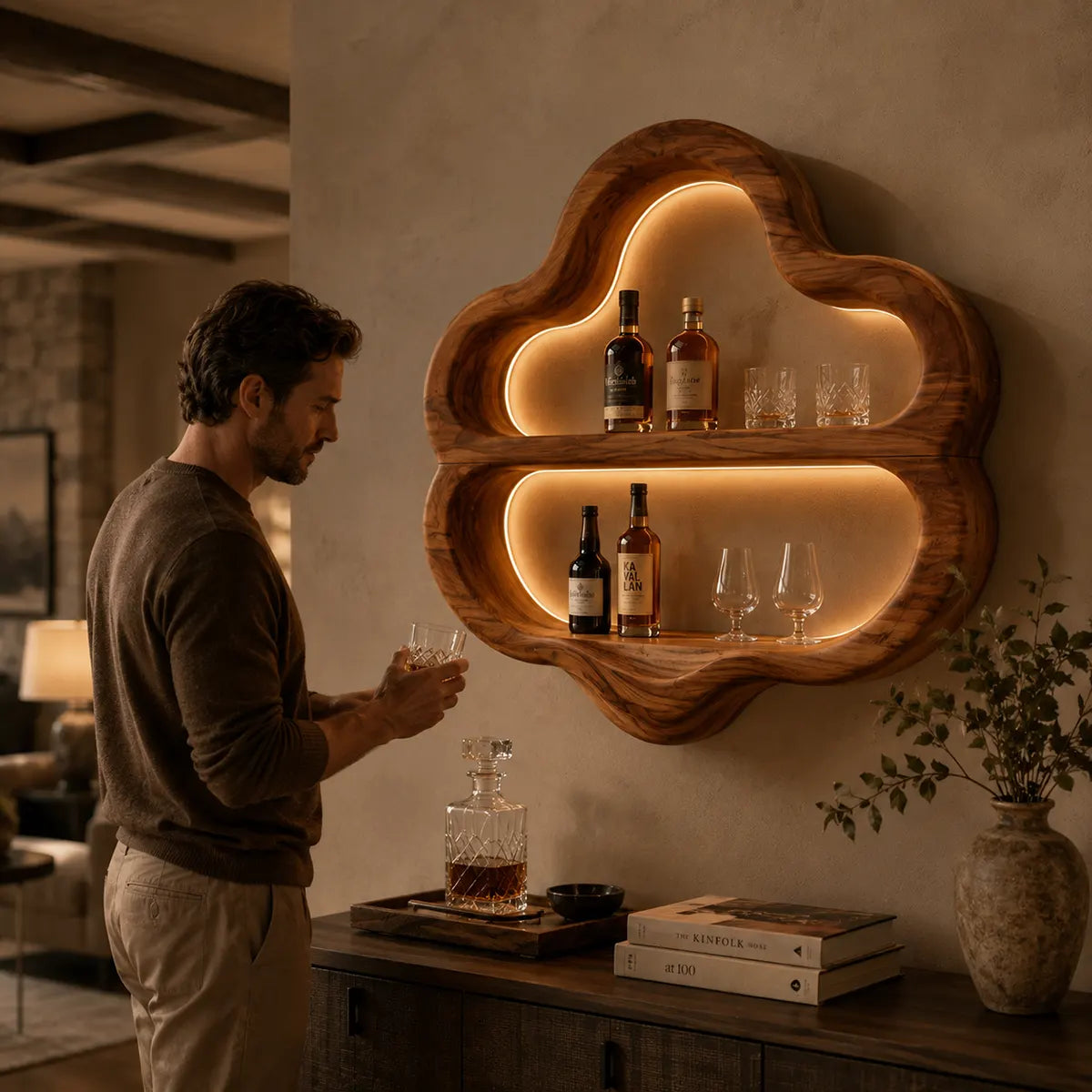 Sculptural Solid Wood Wall Wine Holder for Home Bars & Wine Lovers TT006-5261