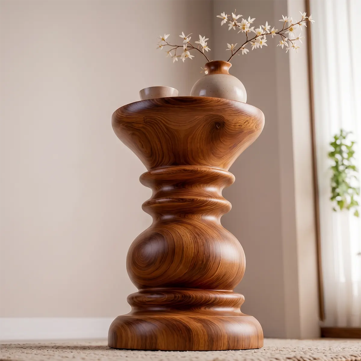 Sculptural Turned Wood Pedestal End Table | Round Accent Side Table TT006-1BIY6KO