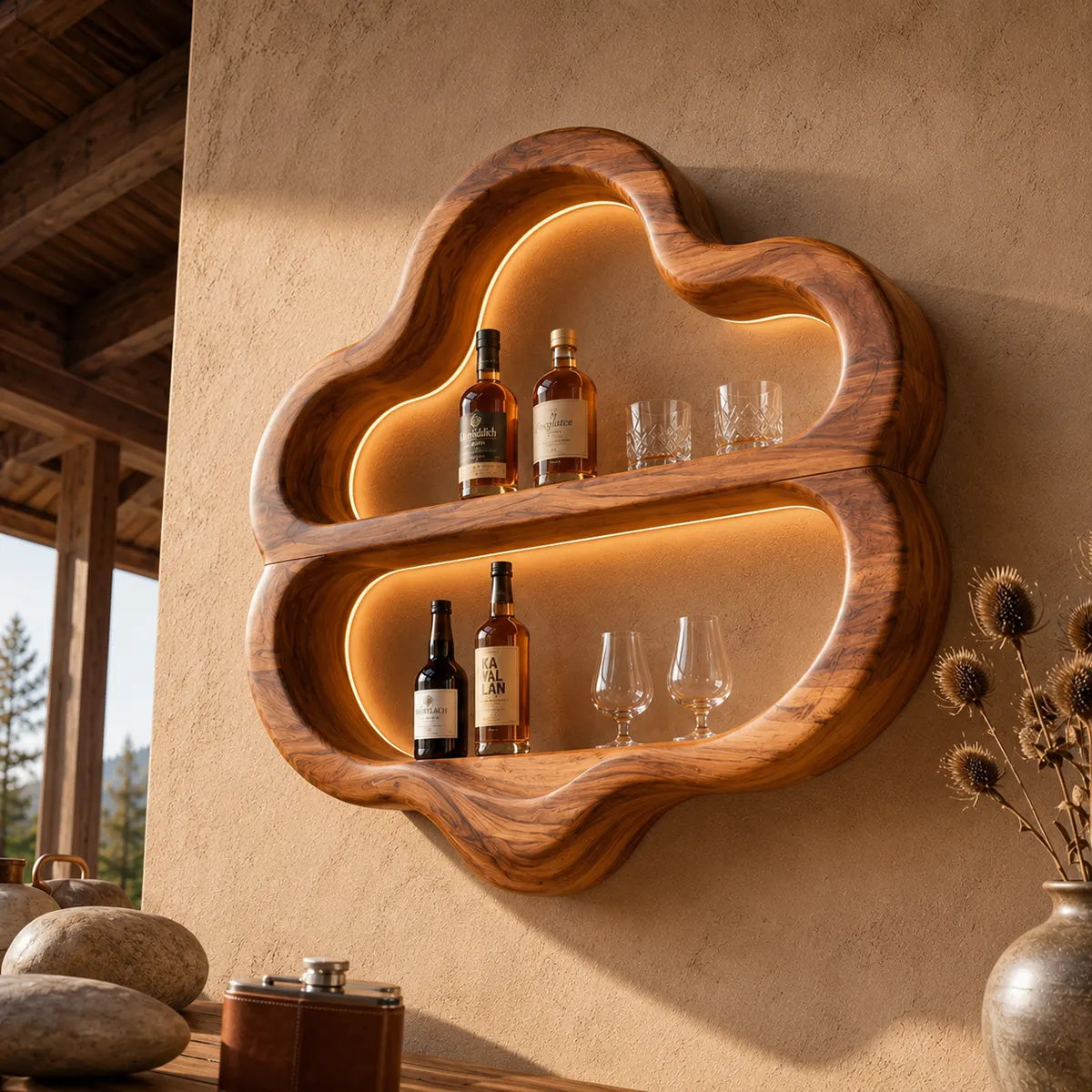 Sculptural Solid Wood Wall Wine Holder for Home Bars & Wine Lovers TT006-5261