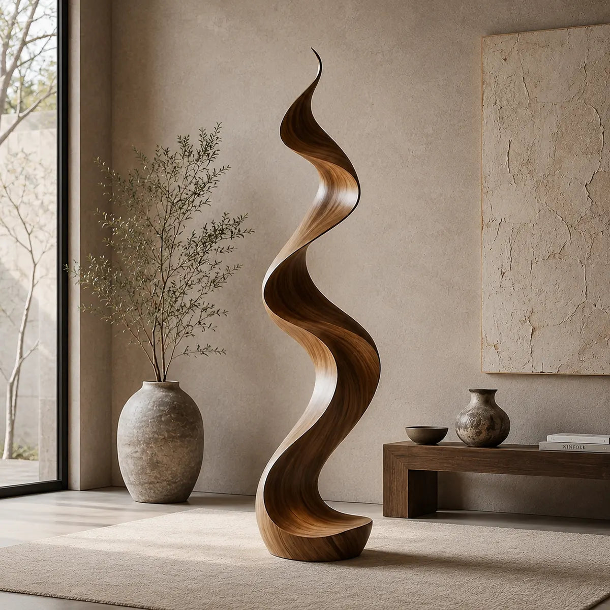 Handcrafted Solid Wood Wave Sculpture – Modern Organic Floor Art for Living Room & Entryway TT006-6662