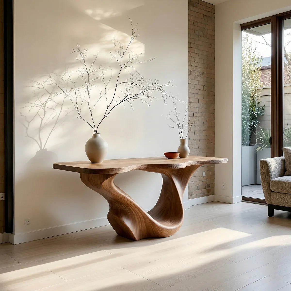 Sculptural Solid Wood Console Table with Organic Flowing Base