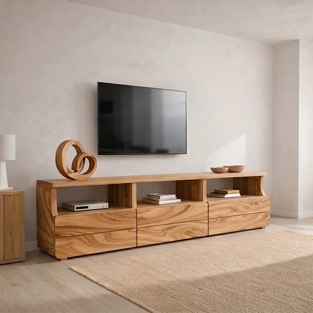 Modern Solid Wood TV Stand with Open Shelves and Drawers