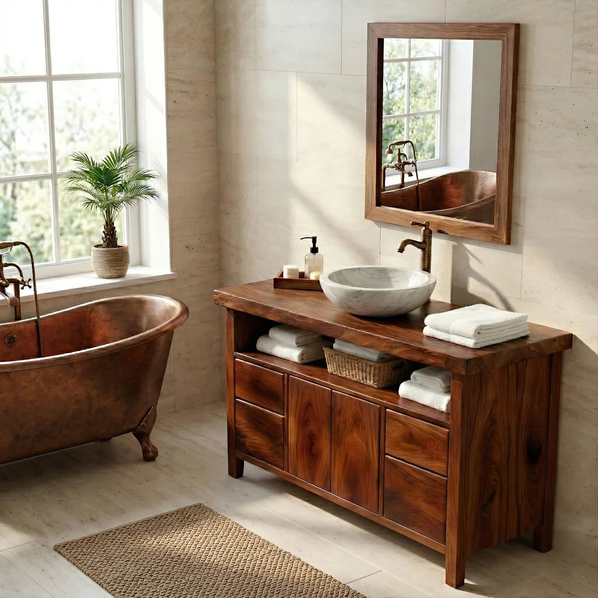 Solid Wood Bathroom Vanity with Open Shelf, Double Doors, and 4 Drawers