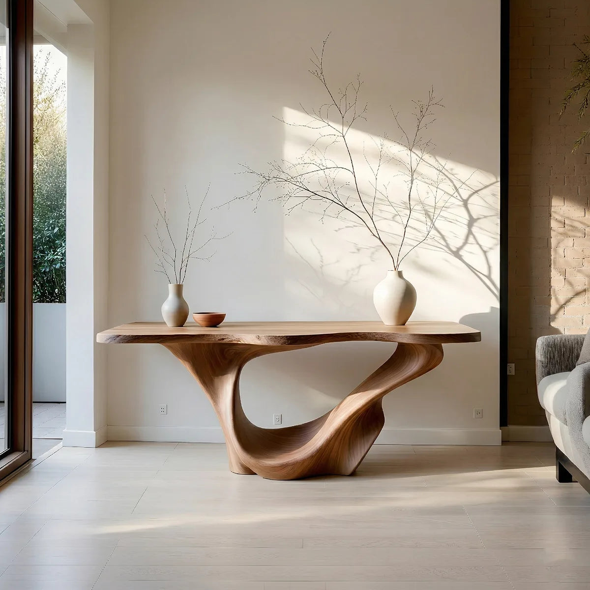 Sculptural Solid Wood Console Table with Organic Flowing Base