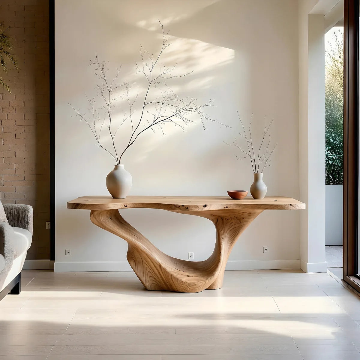 Sculptural Solid Wood Console Table with Organic Flowing Base