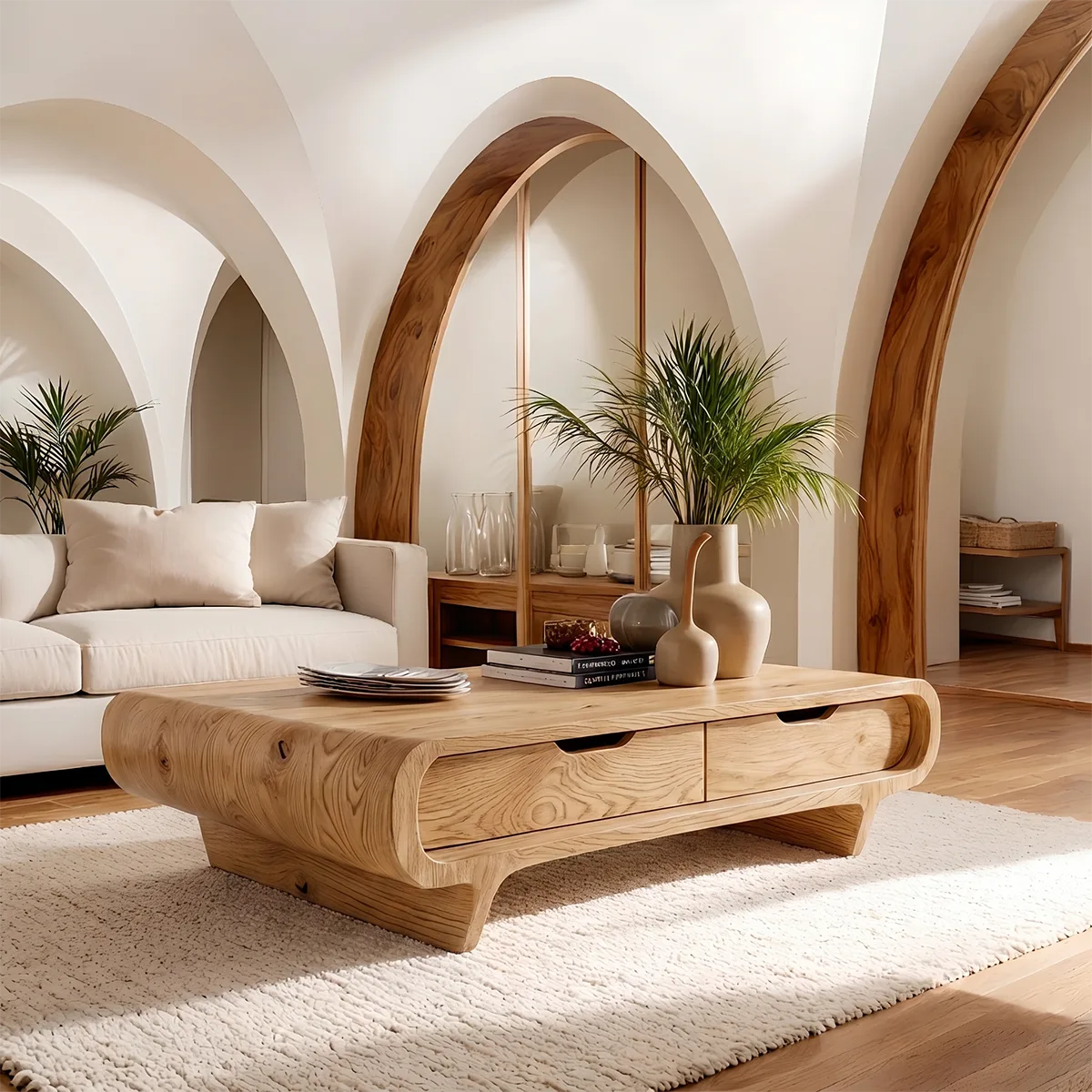 Handcrafted Wood Coffee Table with Drawers - Curved Silhouette Modern Design