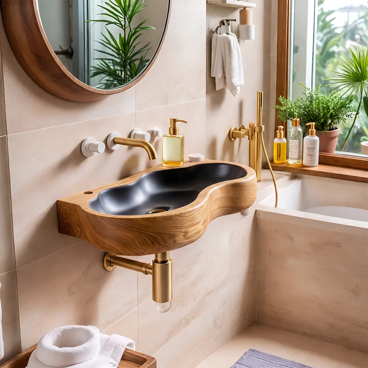 Sculptural Wall Mounted Bathroom Sink | Organic Floating Basin with Curved Edge TT006-2YVT6CP
