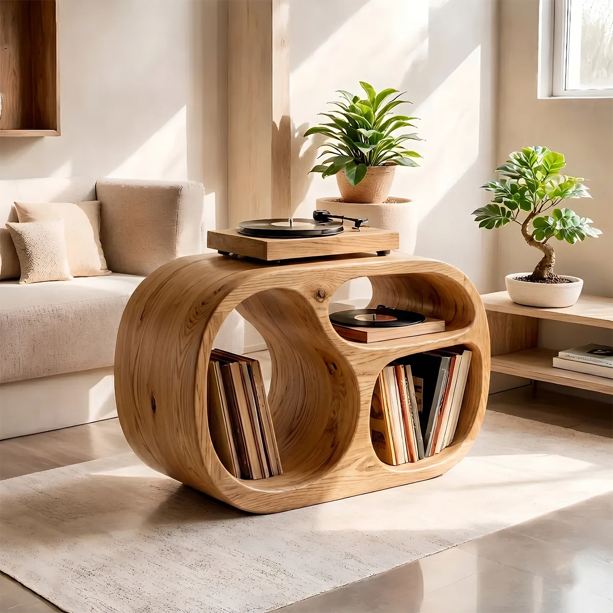 Sculptural Solid Wood Record Player Stand & Vinyl Storage Cabinet