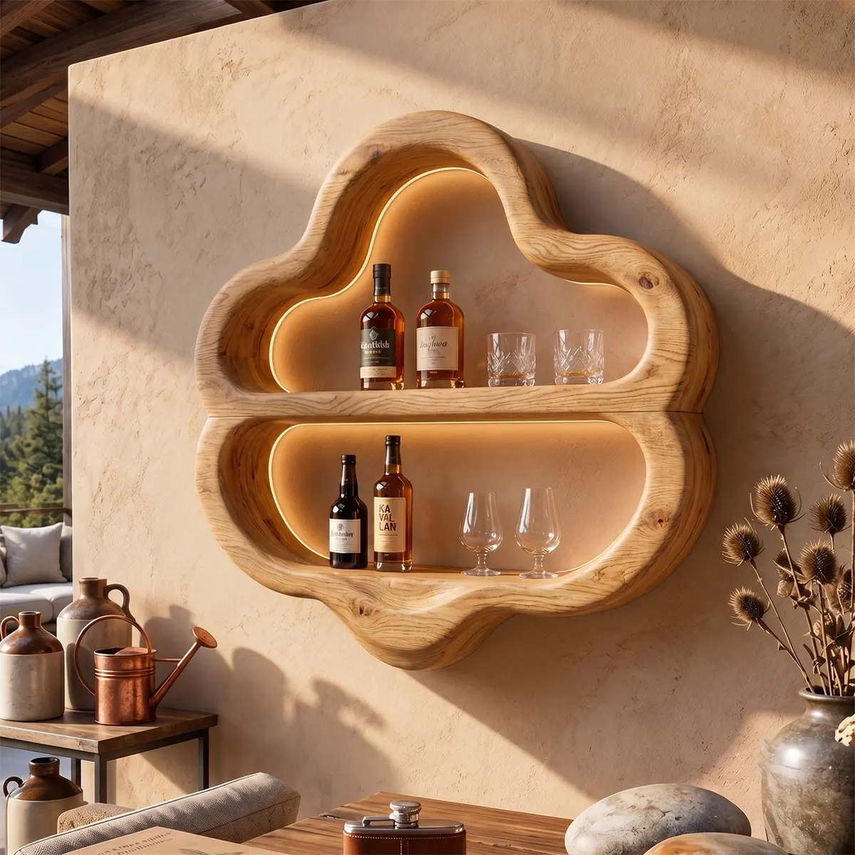 Sculptural Solid Wood Wall Wine Holder for Home Bars & Wine Lovers TT006-5261