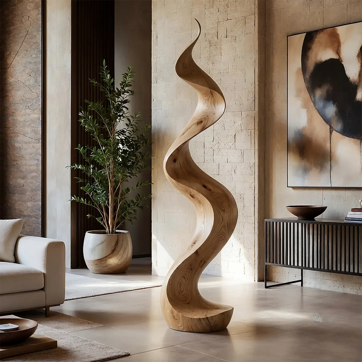 Handcrafted Solid Wood Wave Sculpture – Modern Organic Floor Art for Living Room & Entryway TT006-6662
