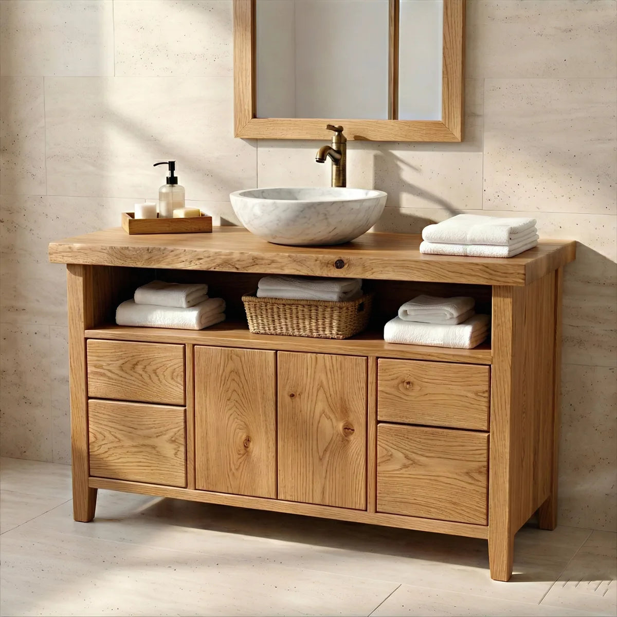 Solid Wood Bathroom Vanity with Open Shelf, Double Doors, and 4 Drawers