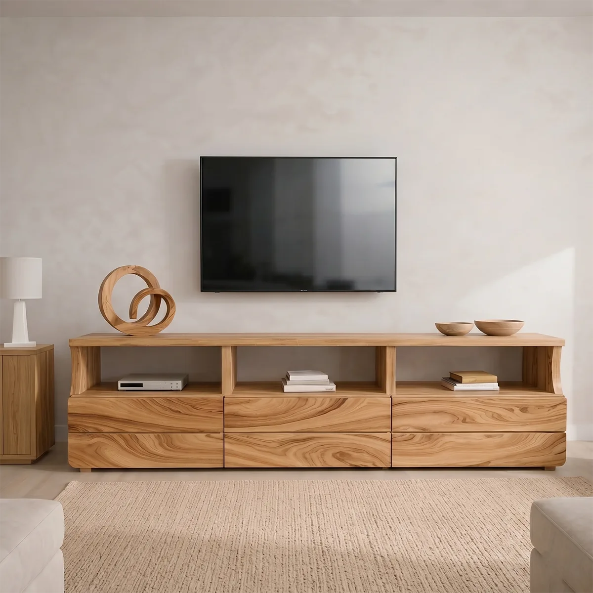 Modern Solid Wood TV Stand with Open Shelves and Drawers