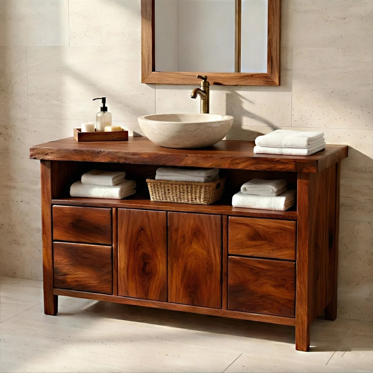 Solid Wood Bathroom Vanity with Open Shelf, Double Doors, and 4 Drawers