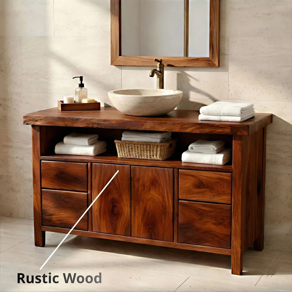 Solid Wood Bathroom Vanity with Open Shelf, Double Doors, and 4 Drawers