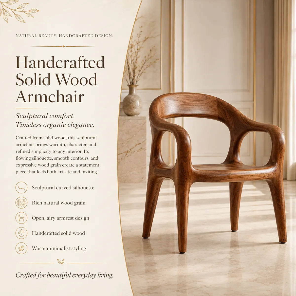 Handcrafted Organic Wood Chair with Sculptural Curved Frame TT006-2074
