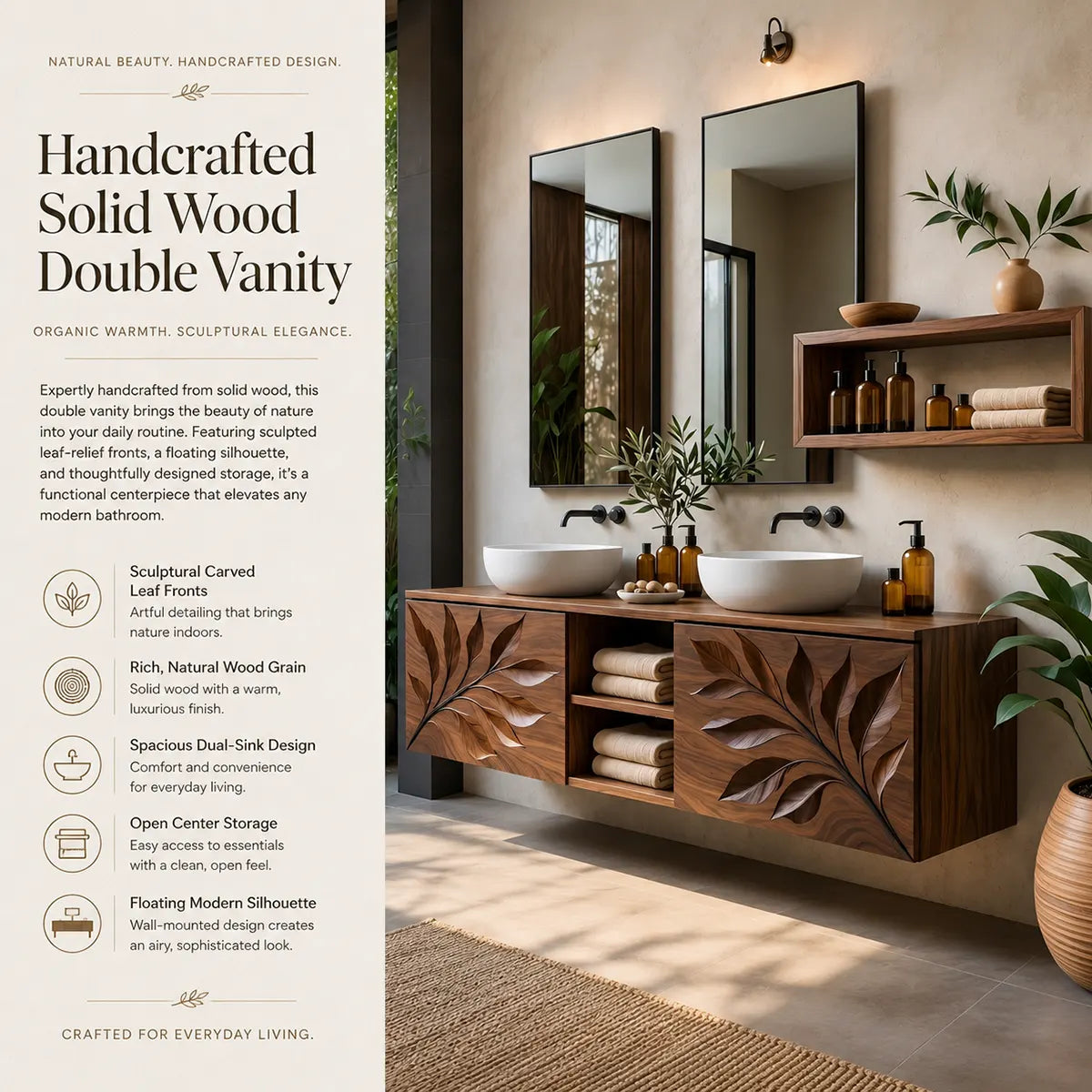 Leaf Carved Floating Double Sink Bathroom Vanity TT006-8363