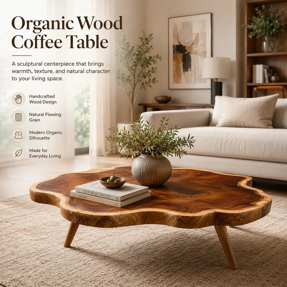 Live Edge Solid Wood Coffee Table | Organic Freeform Hardwood Cocktail Table TT006-8973