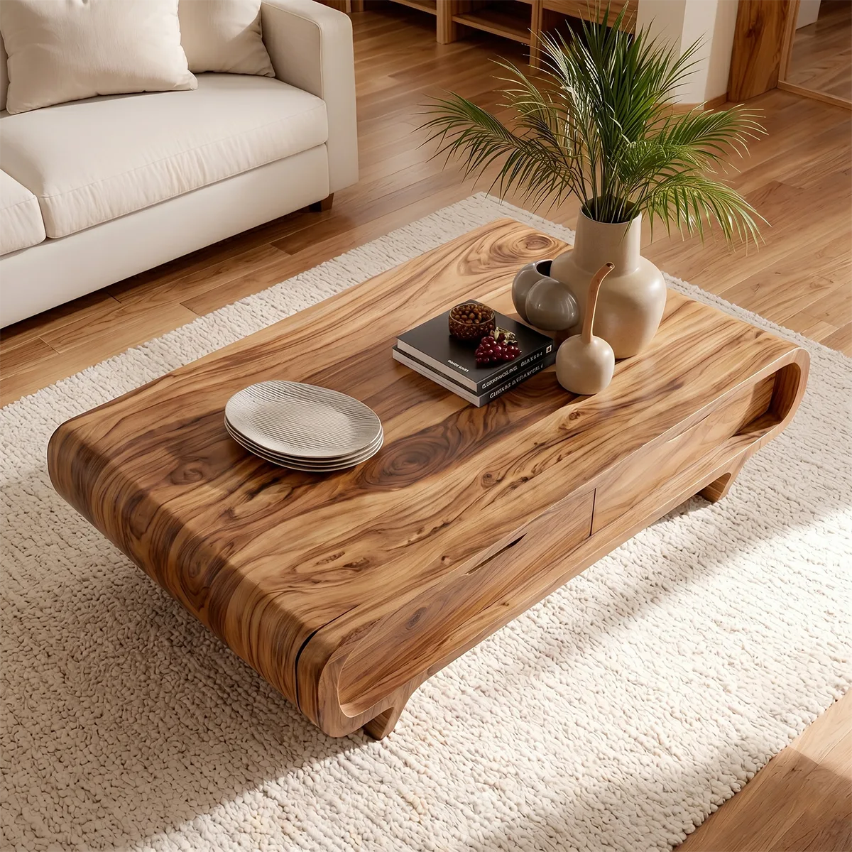 Handcrafted Wood Coffee Table with Drawers - Curved Silhouette Modern Design