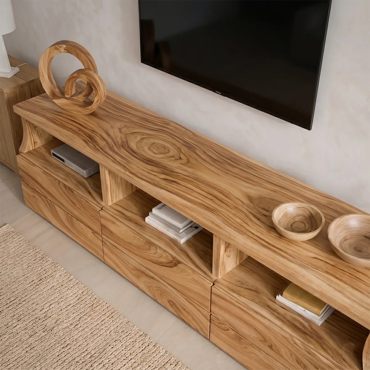 Modern Solid Wood TV Stand with Open Shelves and Drawers