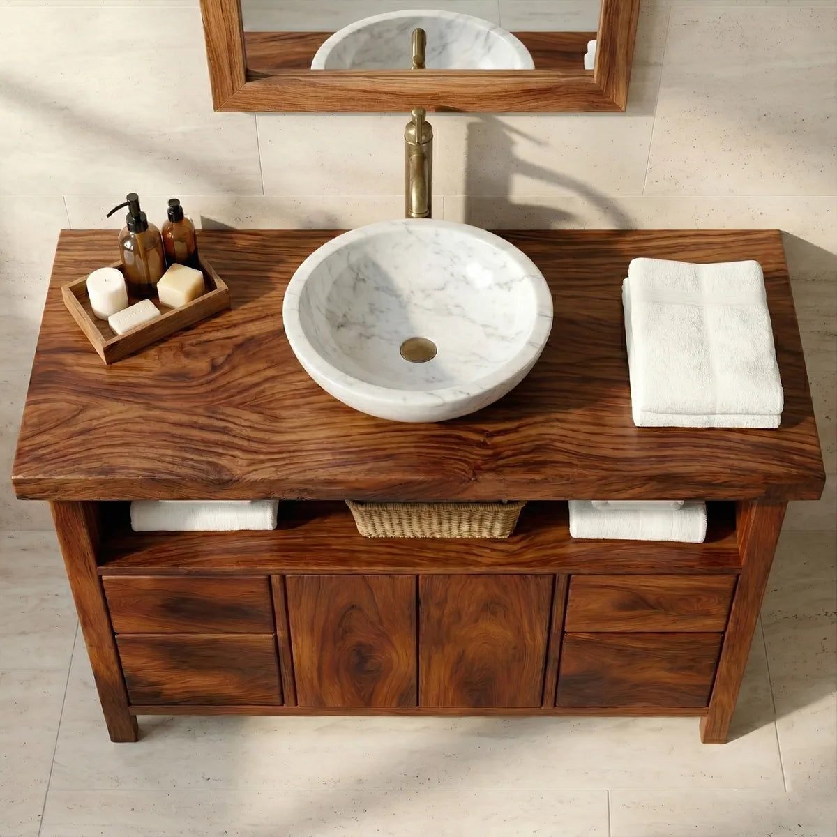 Solid Wood Bathroom Vanity with Open Shelf, Double Doors, and 4 Drawers